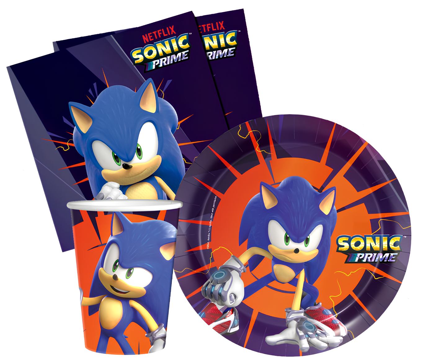 Kit Compleanno Tavola Sonic 16 Persone (52 Pezzi: 16 Piatti 18cm, 16 Bicchieri 200ml, 20 tovaglioli) in Carta