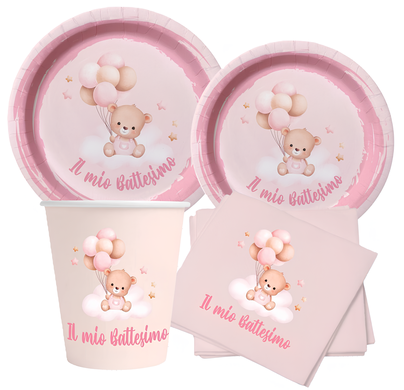 Set Tavola Battesimo bambina Rosa (48 pezzi: 12 Piatti 23cm, 12 Piatti 18cm, 12 tovaglioli, 12 bicchieri)