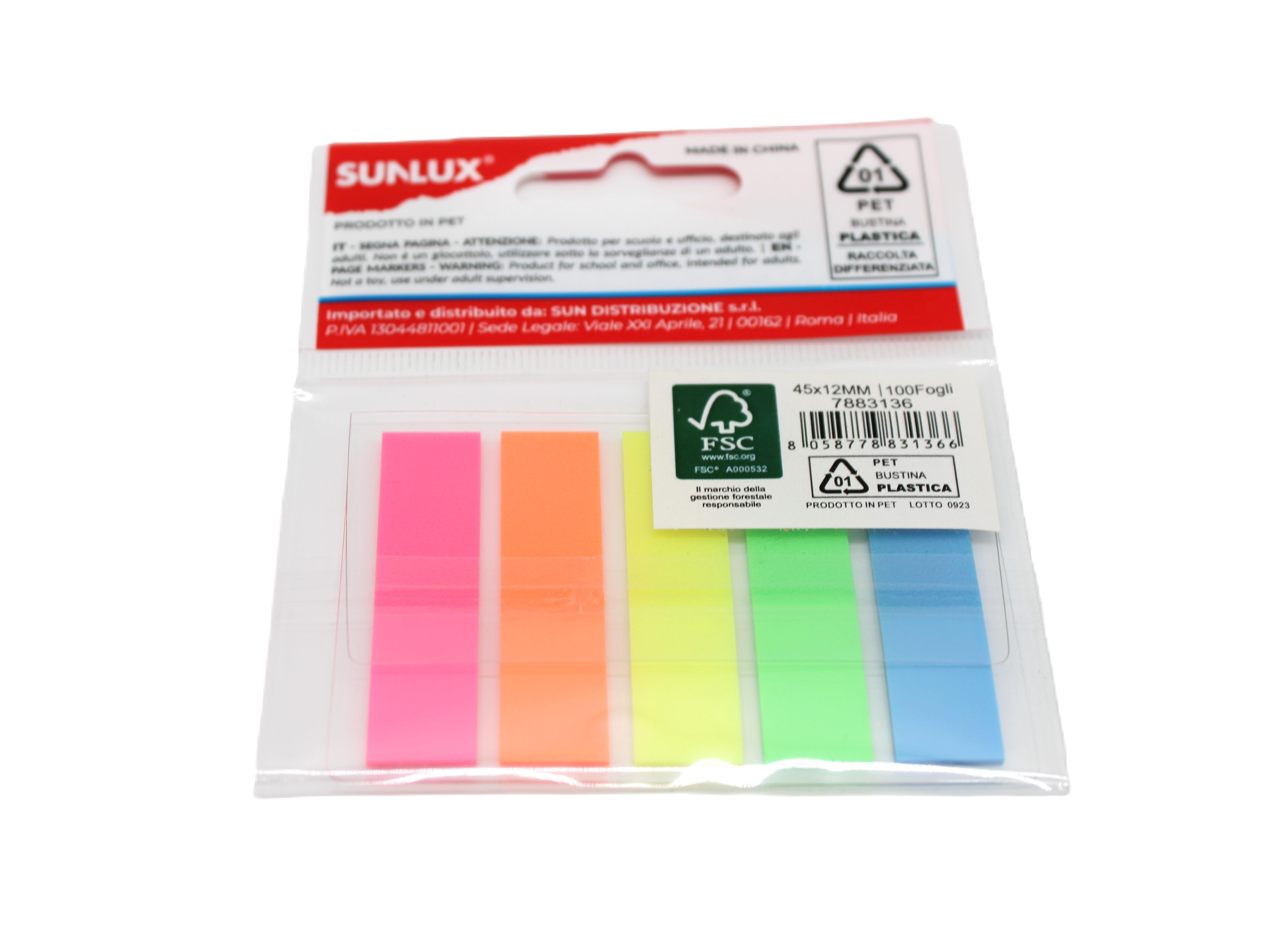 Foglietti adesivi Sunlux segna pagina 4,5x1,2cm 100 fogli 5 colori