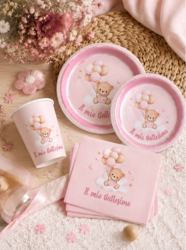 Set Tavola Battesimo bambina Rosa (48 pezzi: 12 Piatti 23cm, 12 Piatti 18cm, 12 tovaglioli, 12 bicchieri)