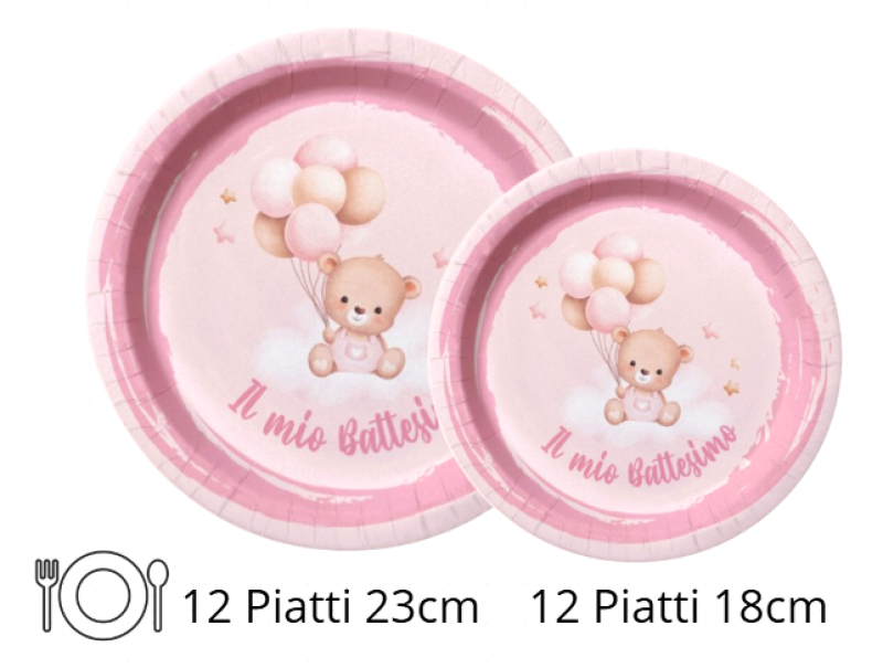 Set Tavola Battesimo bambina Rosa (48 pezzi: 12 Piatti 23cm, 12 Piatti 18cm, 12 tovaglioli, 12 bicchieri)