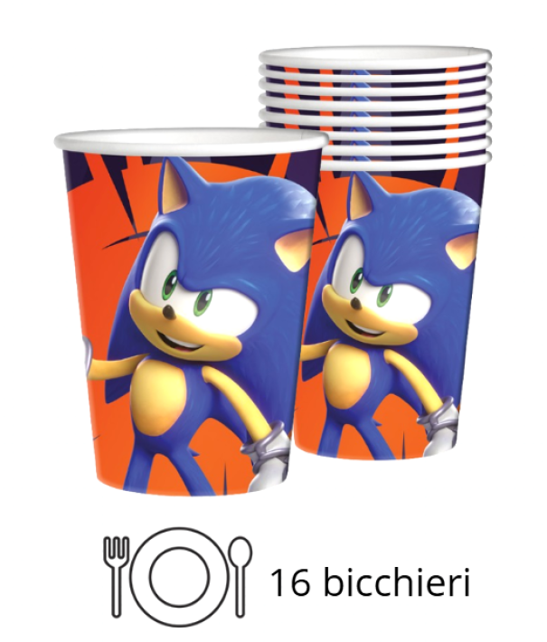 Kit Compleanno Tavola Sonic 16 Persone (52 Pezzi: 16 Piatti 18cm, 16 Bicchieri 200ml, 20 tovaglioli) in Carta