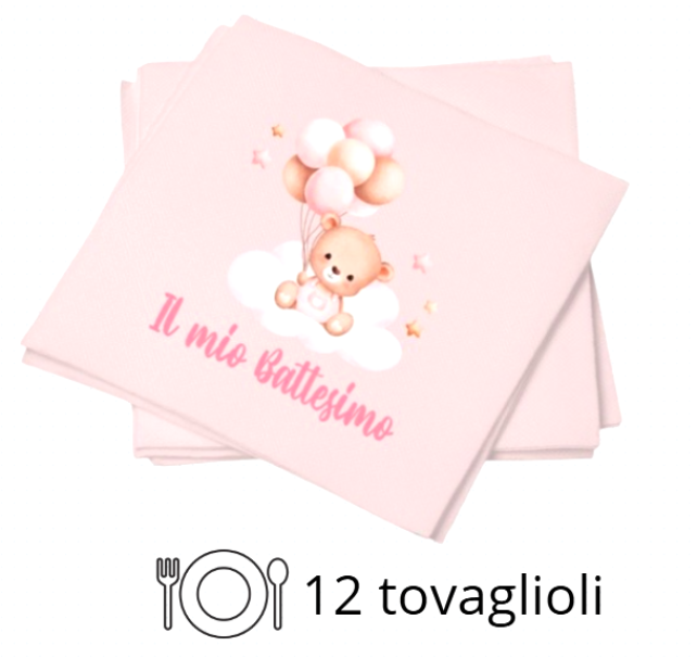 Set Tavola Battesimo bambina Rosa (48 pezzi: 12 Piatti 23cm, 12 Piatti 18cm, 12 tovaglioli, 12 bicchieri)