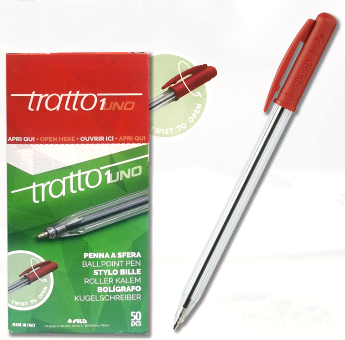 Penna a sfera Tratto 1uno Rosso trasparente punta media 1mm confezione da 50