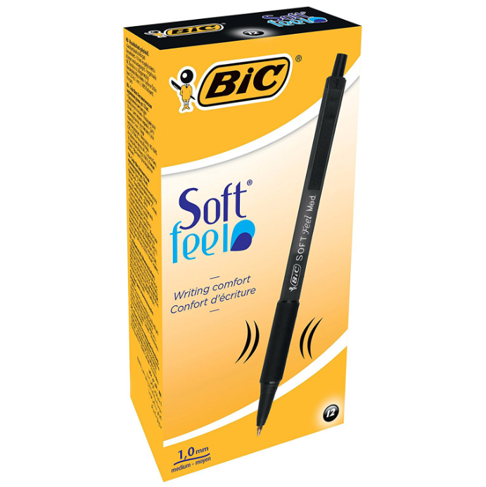 Penna sfera a scatto Bic Soft Feel Grip 1,0mm Nero confezione da 12