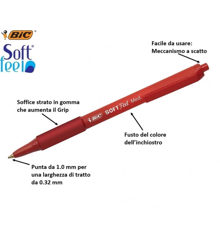Penna sfera a scatto Bic Soft Feel Grip 1,0mm Rosso confezione da 12