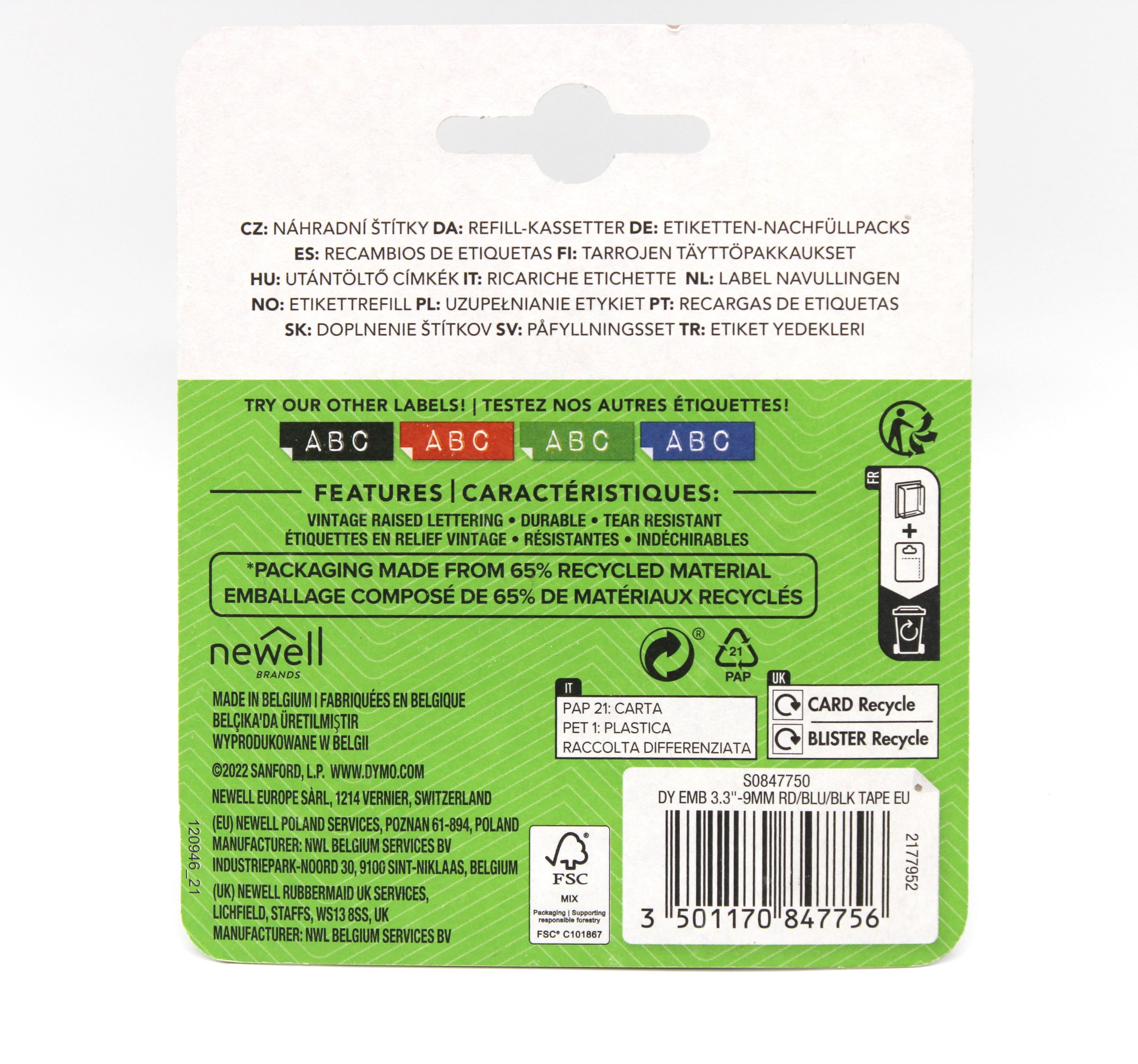 Ricariche etichettatrice Dymo nastro vinile blu nero rosso blister da 3