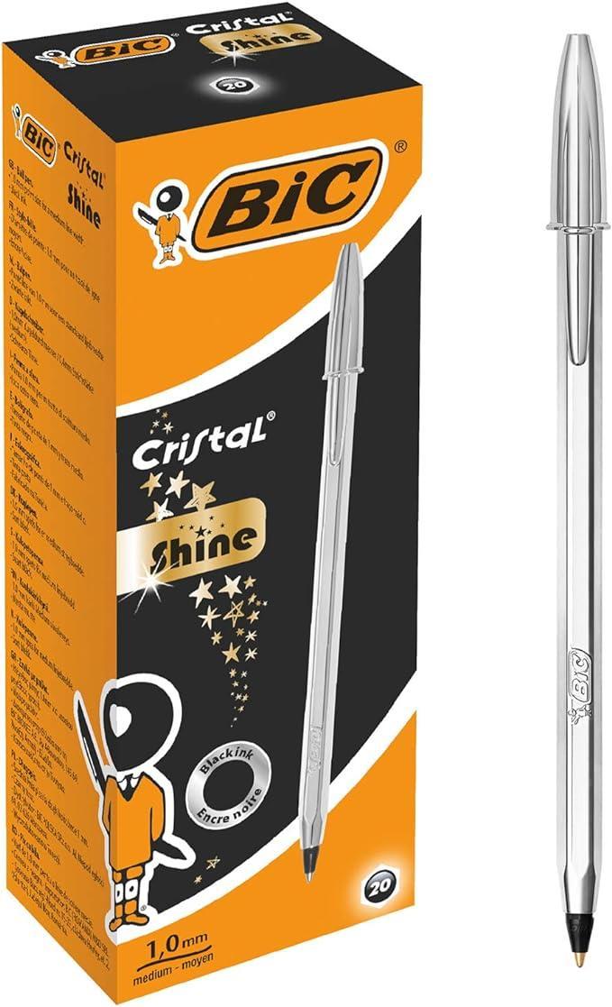 Penna a sfera Bic Cristal Shine Silver 1mm Nero confezione da 20