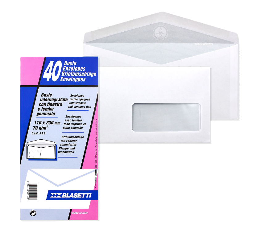 Buste Blasetti 11x23 cm internografate con finestra e lembo gommato confezione da 40