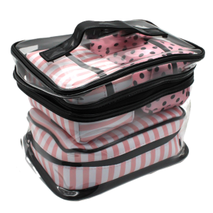 Set 4 borsette da viaggio donna in pvc e poliestere – beauty case capienti con chiusura zip, fantasia colorata, inclusa borsa trasparente 26x20x9 cm + 3 pochette 16x9 cm
