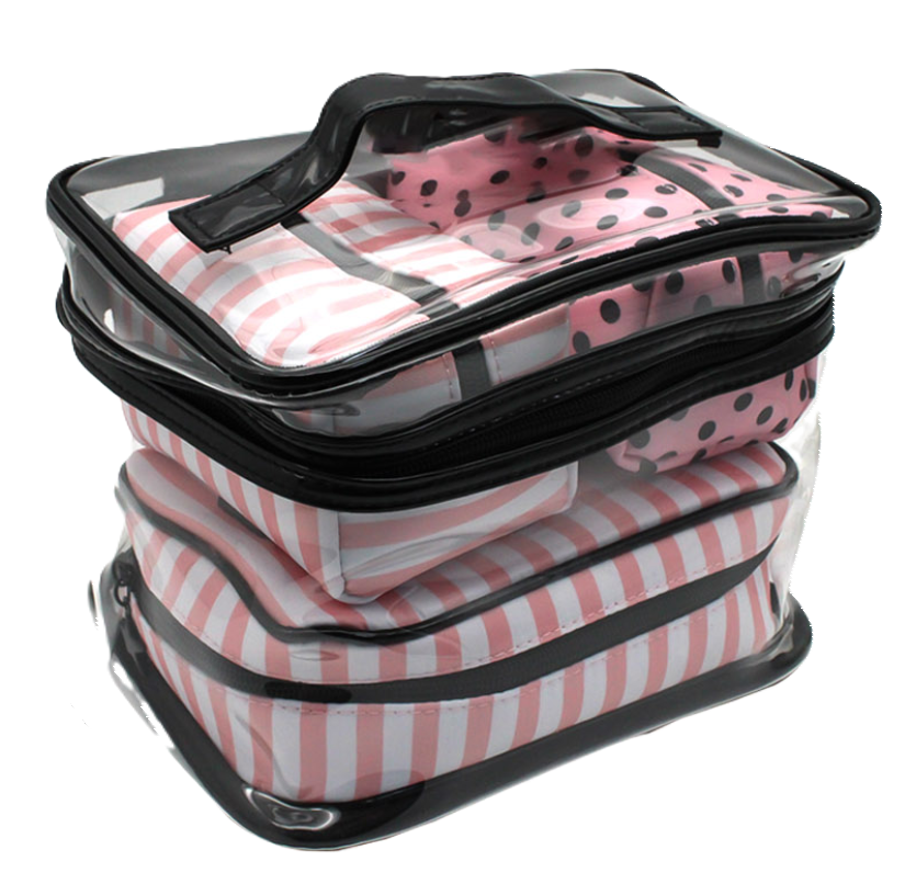 Set 4 Borsette da Viaggio Donna in PVC e Poliestere u2013 Beauty Case Capienti con Chiusura Zip, Fantasia Colorata, Inclusa Borsa Trasparente 26x20x9 cm + 3 Pochette 16x9 cm