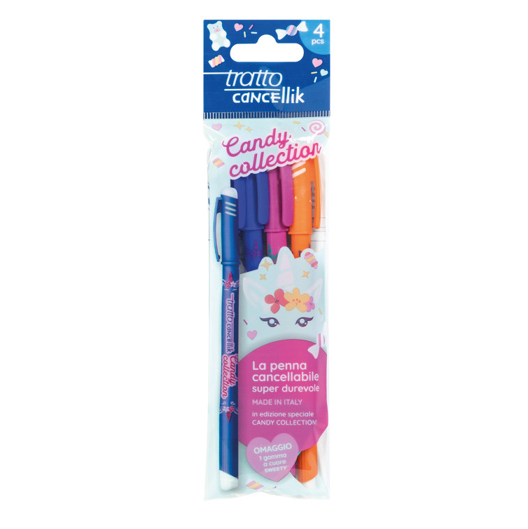 Penne Tratto cancellik edizione Candy Collection blister da 4 piu00f9 gomma Sweety omaggio