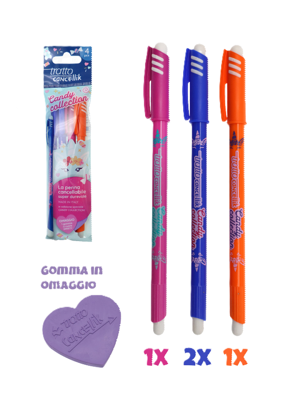 Penne Tratto cancellik edizione Candy Collection blister da 4 piu00f9 gomma Sweety omaggio