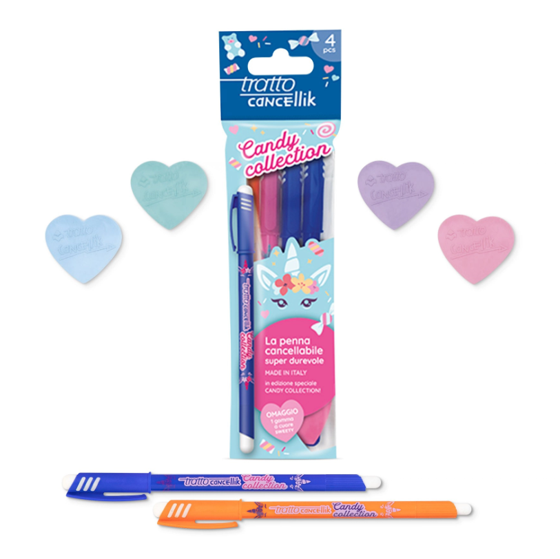 Penne Tratto cancellik edizione Candy Collection blister da 4 piu00f9 gomma Sweety omaggio