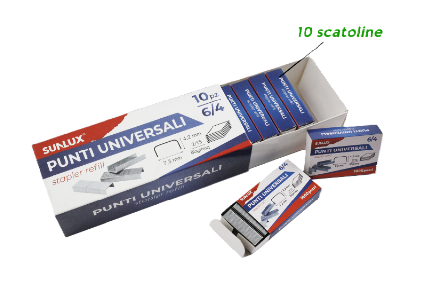 Sunlux 10.000 Punti metallici universali 6/4 confezione da 10 scatole da 1.000 punti