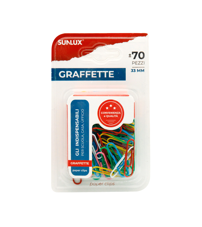 Graffette Sunlux medie in acciaio plastificato 33mm conf. da 70 pz. colori assortiti