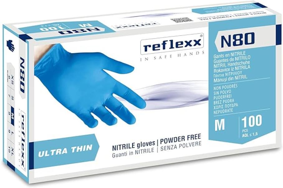 Guanti in nitrile Blu Reflexx N80 senza polvere no lattice taglia M da 100 pz