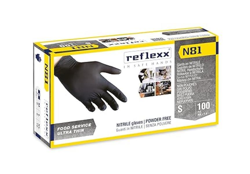 Guanti in nitrile neri Reflexx N81 senza polvere no lattice taglia S da 100 pz