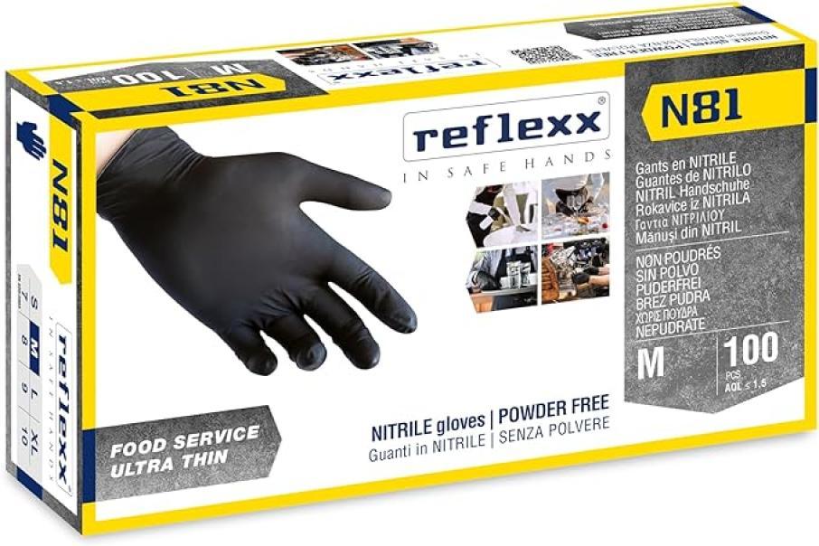 Guanti in nitrile neri Reflexx N81 senza polvere no lattice taglia M da 100 pz