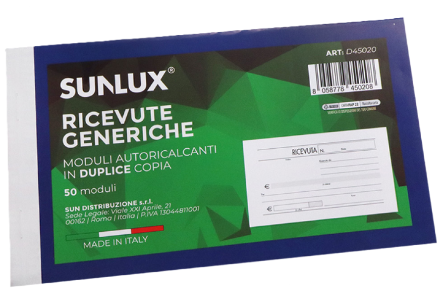 Blocco ricevute generiche 10pz x 50 moduli Sunlux duplice copia