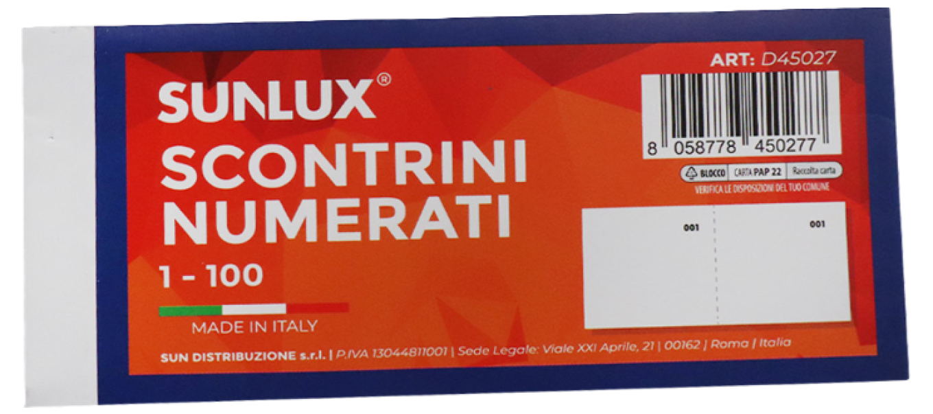 Blocco scontrini Sunlux numerati 1-100 25pz. f.to 6x13 cm 