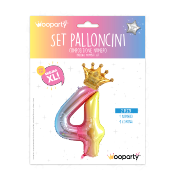 Palloncino n.4 Arcobaleno 100 cm corona in oro 30 cm