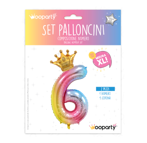 Palloncino n.6 Arcobaleno 100 cm corona in oro 30 cm