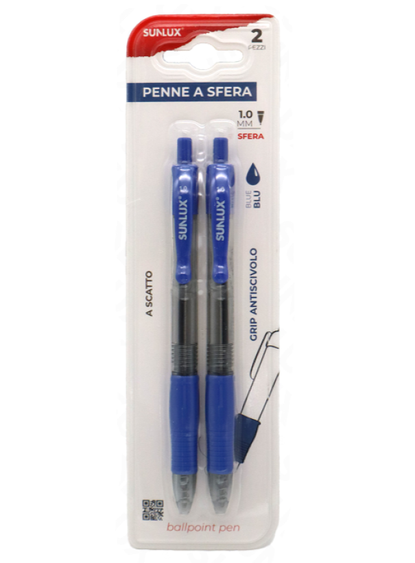 Penne a sfera Sunlux a scatto 1.0mm Blu blister da 2