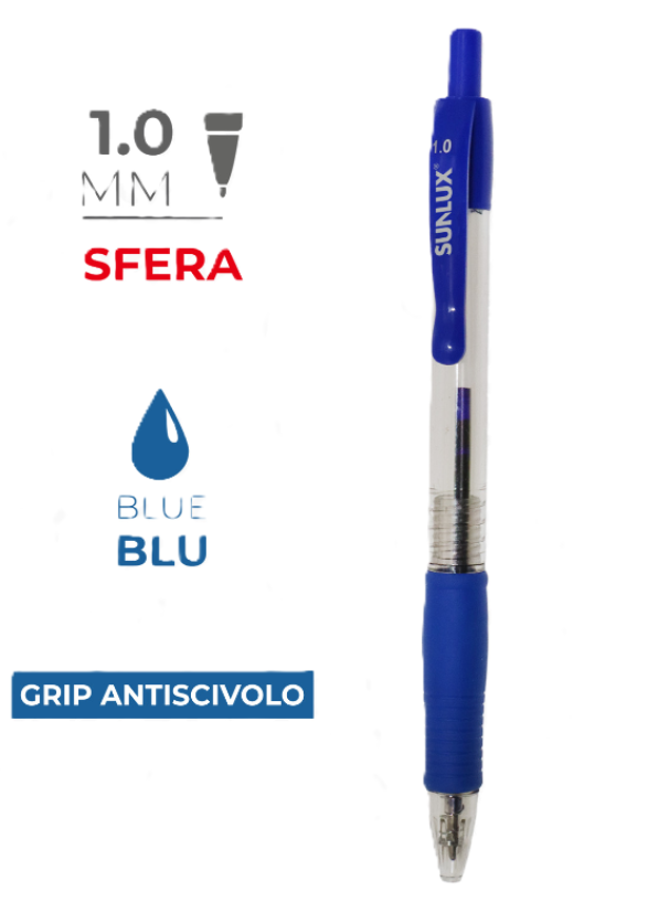 Penne a sfera Sunlux a scatto 1.0mm Blu blister da 2