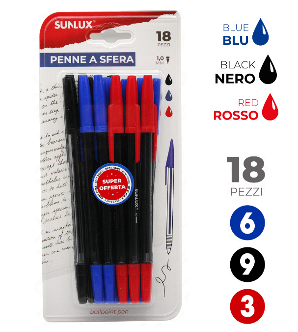 Penna a sfera Sunlux 3 colori confezione da 18