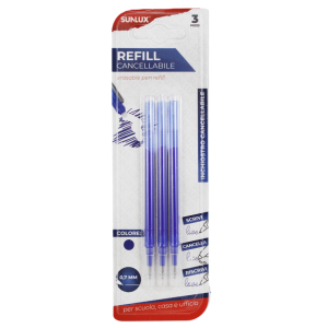 Ricariche penna cancellabile, tratto 0.7mm, inchiostro blu, blister da 3