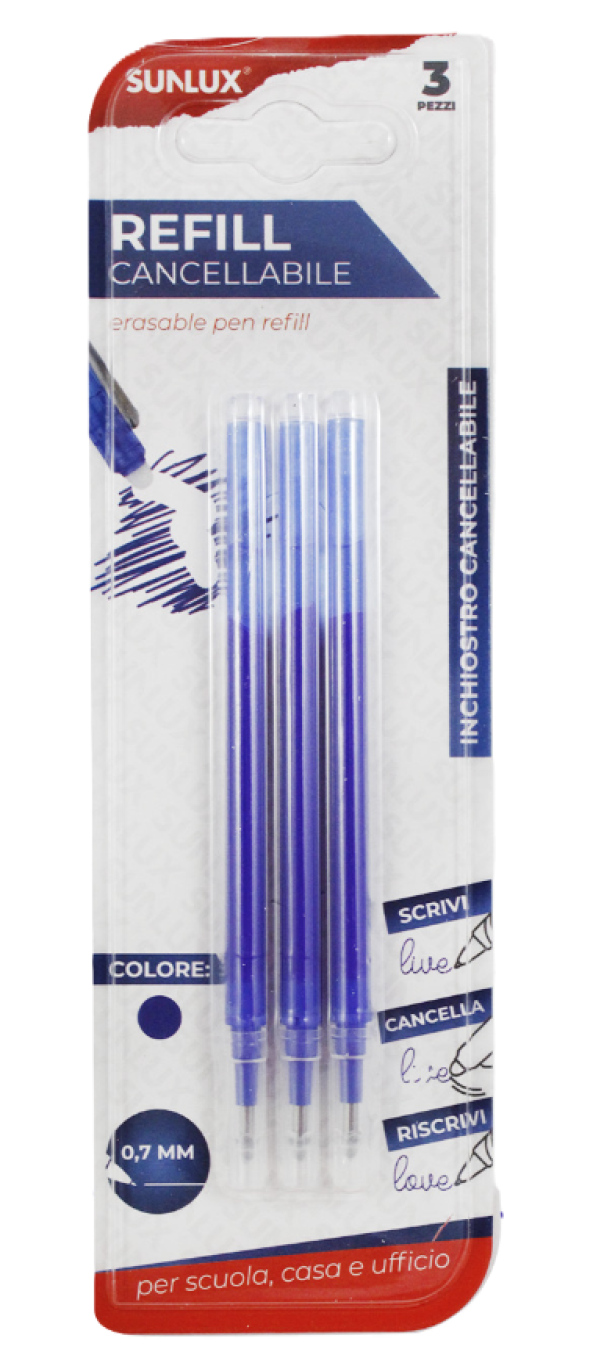 Ricariche penna cancellabile, tratto 0.7mm, inchiostro Blu, blister da 3