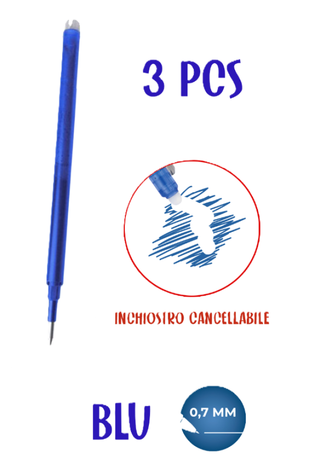 Ricariche penna cancellabile, tratto 0.7mm, inchiostro Blu, blister da 3