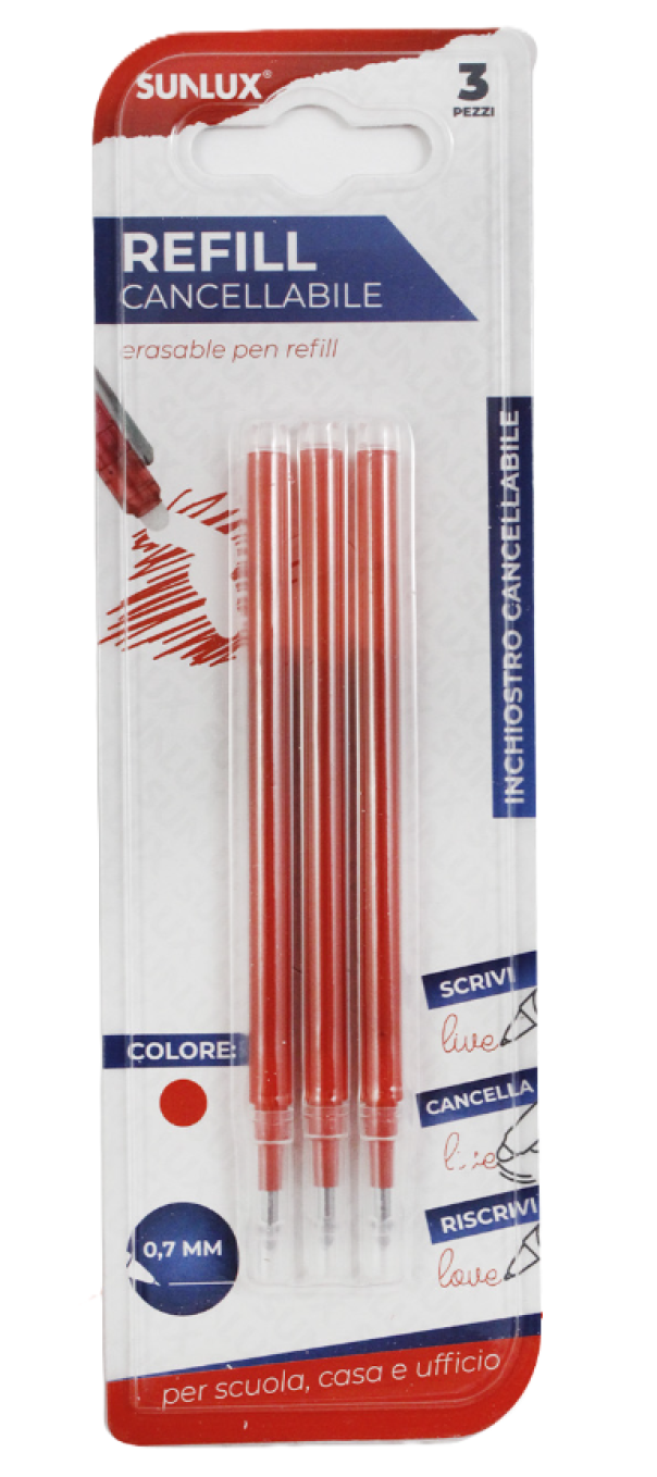 SUNLUX Ricariche penna cancellabile, tratto 0.7mm, inchiostro Rosso, blister da 3