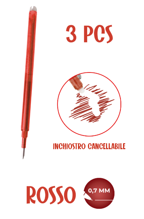 SUNLUX Ricariche penna cancellabile, tratto 0.7mm, inchiostro Rosso, blister da 3