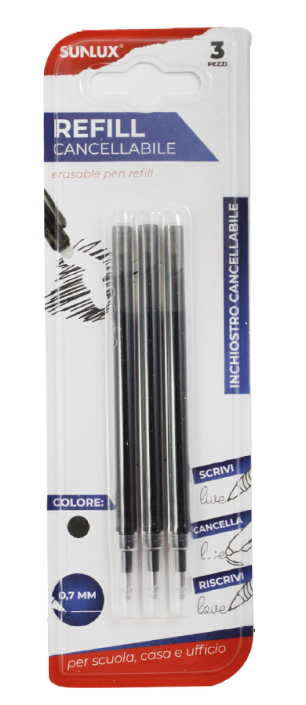 Ricariche penna cancellabile, tratto 0.7mm, inchiostro Nero, blister da 3