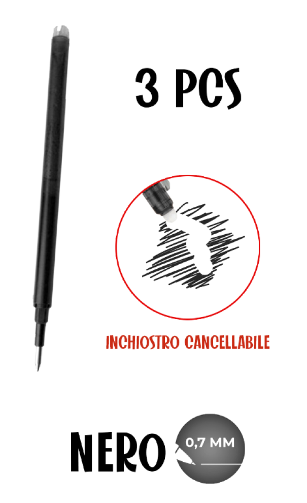 Ricariche penna cancellabile, tratto 0.7mm, inchiostro Nero, blister da 3