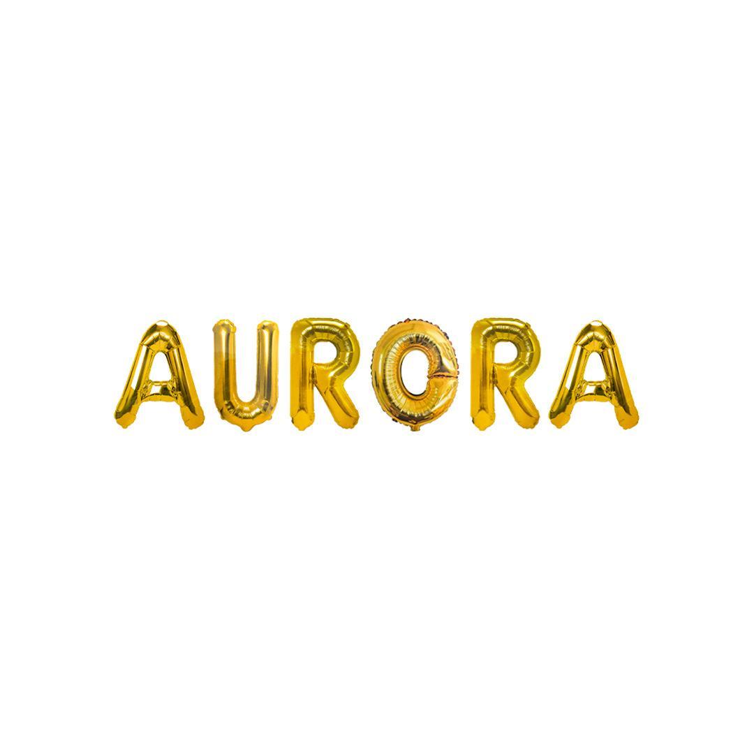 Palloncini nome Aurora, kit scritto con lettere Oro altezza 35cm