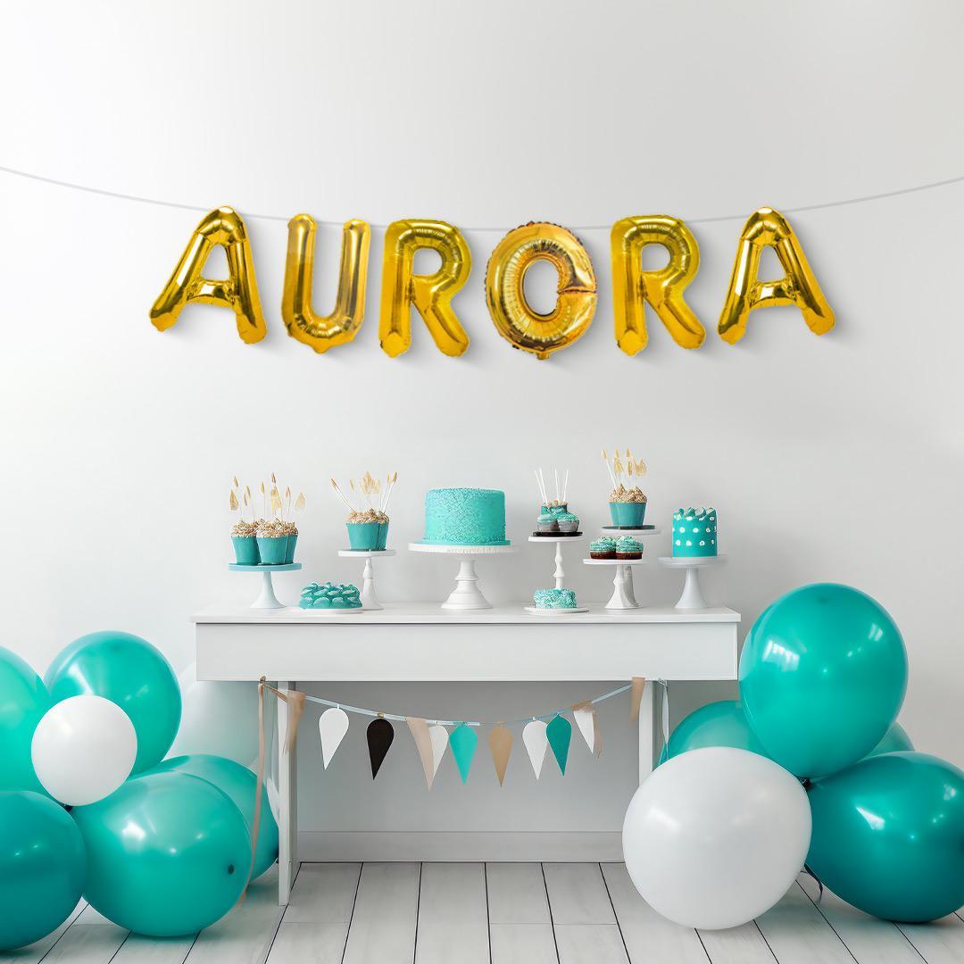 Palloncini nome Aurora, kit scritto con lettere Oro altezza 35cm