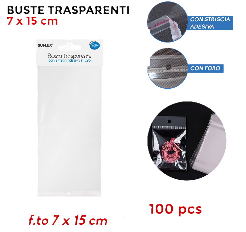 Buste trasparenti con striscia adesiva e foro 7x15 cm 100 pezzi