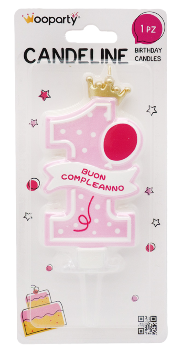 Candelina Numero 1 Compleanno Girl Rosa u2013 Cera di Paraffina con Supporto in PVC u2013 Altezza 15 cm u2013 Ideale per Torte di Primo Compleanno Bimba