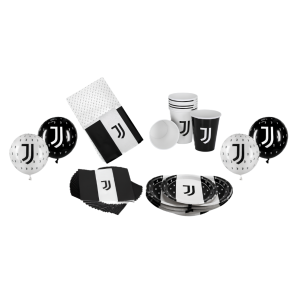 Kit compleanno juventus 85pz (16 bicchieri, 16 piatti, 40 tovaglioli 33x33cm, 1 tovaglia 120x180cm, 12 palloncini in lattice)