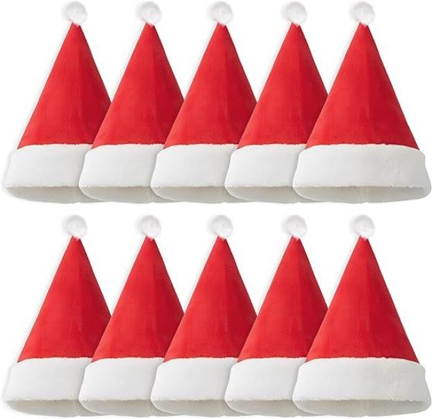Cappello Babbo Natale 30x38 cm u2013 Set 10 Pezzi in Tessuto Rosso con Bordo Bianco per Feste e Eventi Natalizi