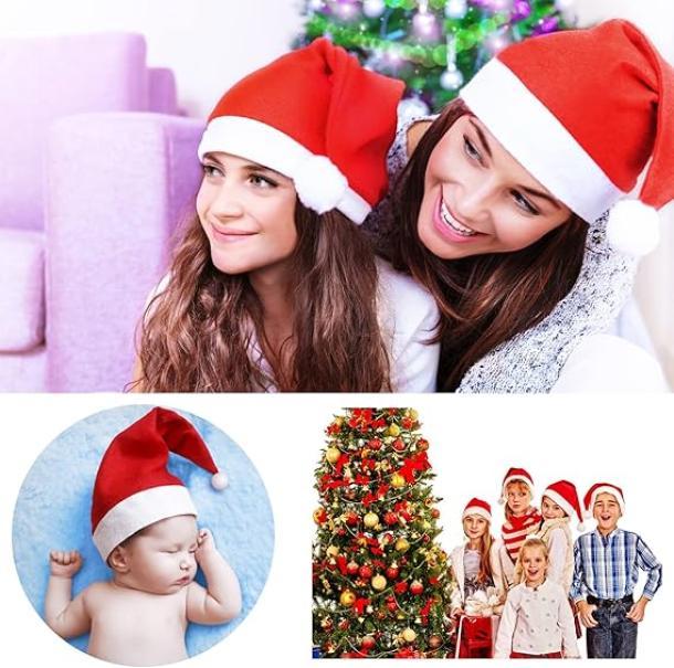 Cappello Babbo Natale 30x38 cm u2013 Set 10 Pezzi in Tessuto Rosso con Bordo Bianco per Feste e Eventi Natalizi
