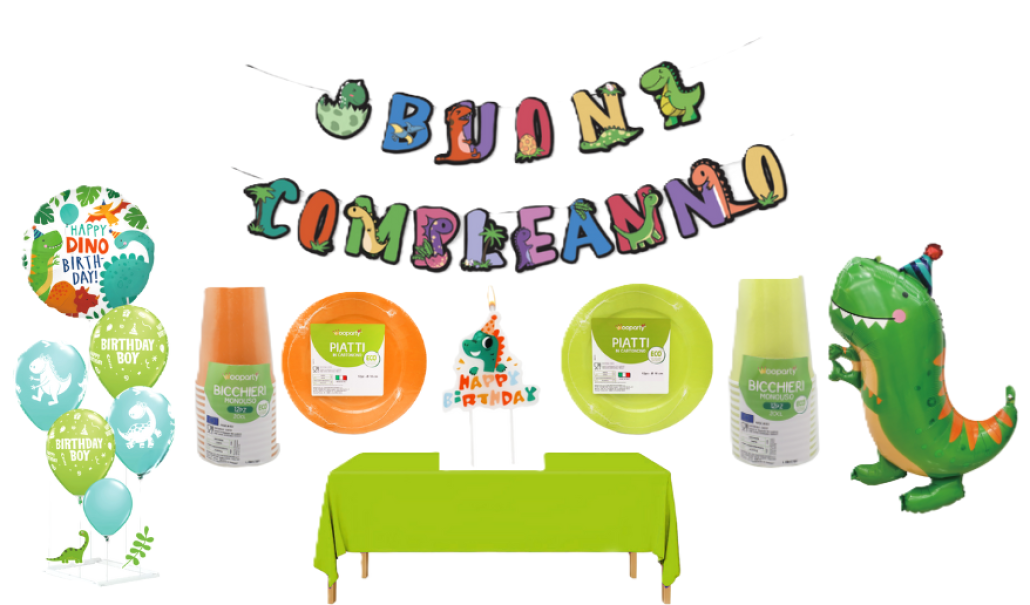 Kit party dinosauro 58pz (1 festone, set palloncini 6pz, 1 palloncino dinosauro, 24 bicchieri verdi arancioni, 24 piatti verdi arancioni, 1 candelina, 1 tovaglia)