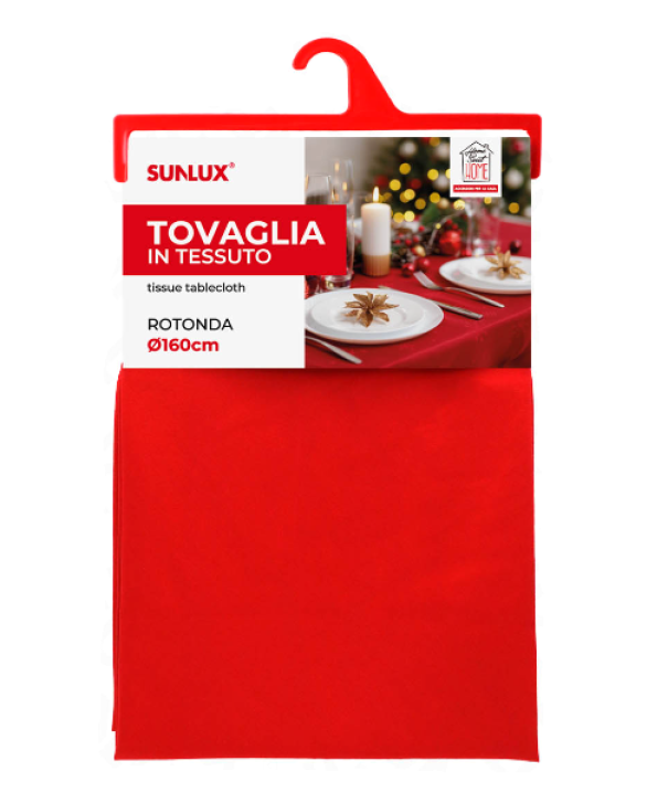 Tovaglia di Natale rotonda in tessuto rosso con bordo ondulato d. 160cm
