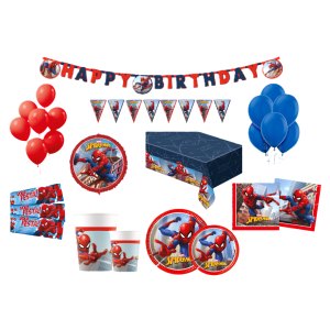Kit compleanno a tema spiderman 136pz ( 24 bicchieri, 24 piatti, 40 tovaglioli, 20 inviti, 12 palloncini rossi, 12 palloncini blu, 1 palloncini spiderman, 1 festone, 1 tovaglia, 1 festone bandierine)