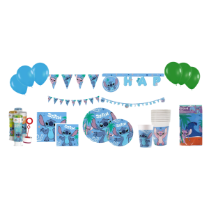 Kit compleanno stitch 119pz (24 piatti, 24 bicchieri, 40 tovaglioli, 1 tovaglia, 1 festone, 1 bandierine, 4 bolle di sapone 60ml, 12 palloncini azzurri, 12 verdi)