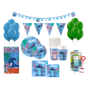 Kit compleanno stitch per 24 persone – set festa 119 pezzi con piatti, bicchieri, tovaglioli, palloncini, tovaglia, festoni, bolle di sapone e decorazioni – addobbi tema stitch per bambini