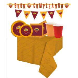 Kit compleanno as roma 24 ospiti (91 pezzi: 1 tovaglia, 1 festone, 1 bandierina, 24 piatti, 24 bicchieri, 40 tovaglioli) in carta, festa a tema calcio